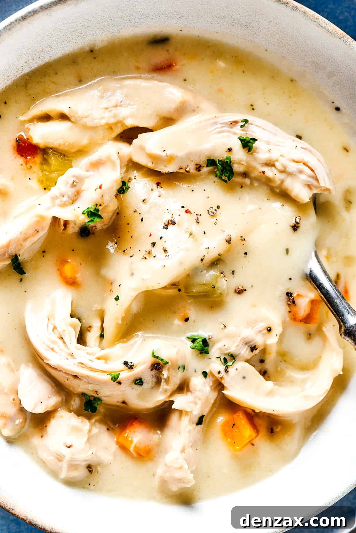 Stirring a bowl of chicken and dumplings with a spoon.
