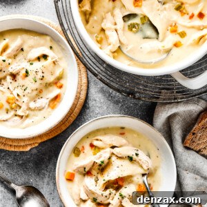 Creamy chicken and dumplings in a pot, along with two bowls of the dish.