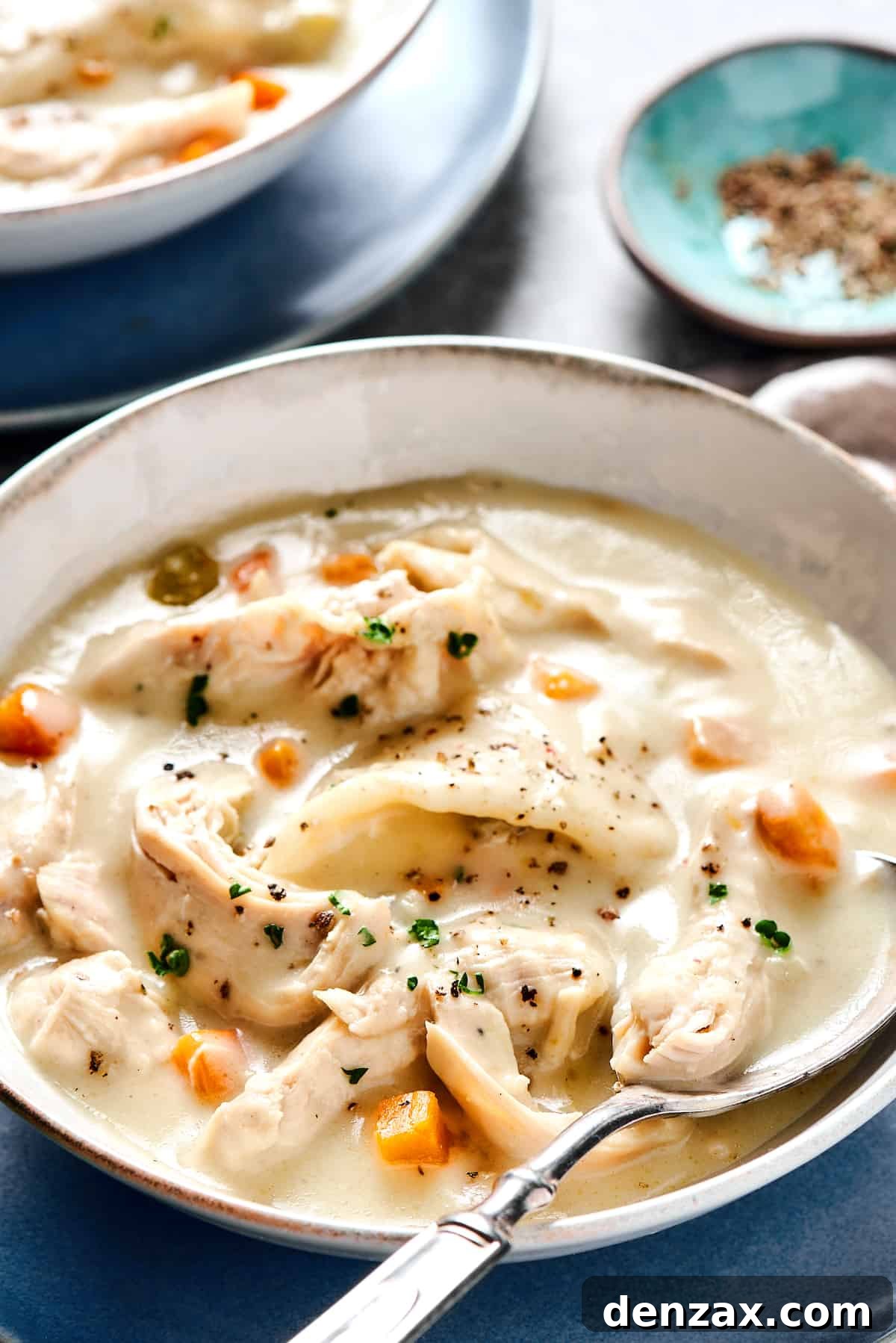 Creamy chicken and dumplings served into bowls.