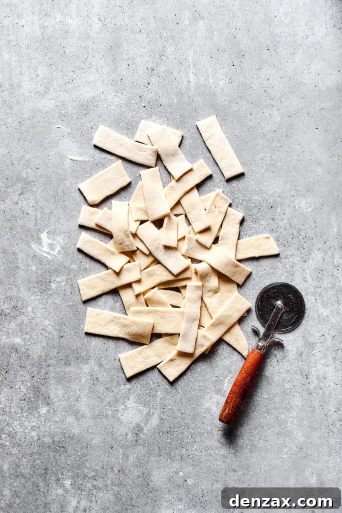 Dough cut into small rectangular strips.