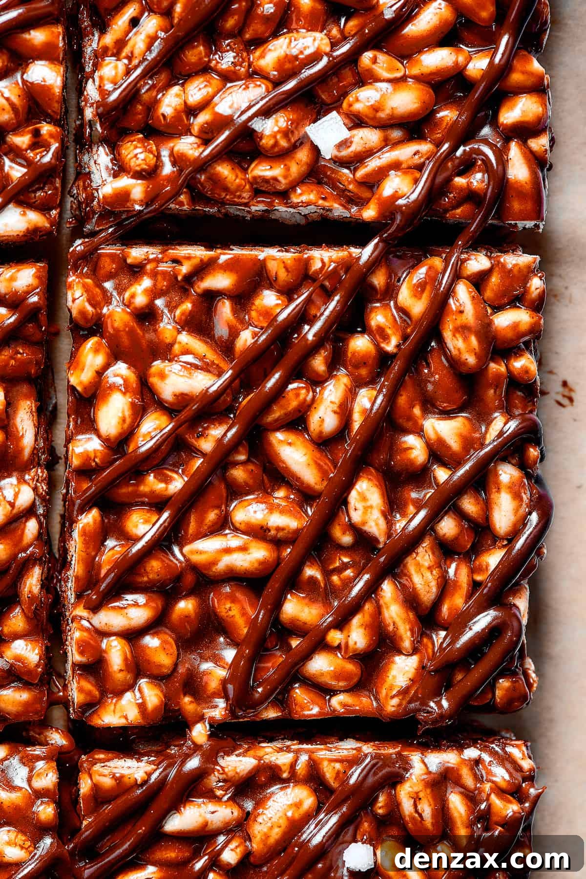 Squares of chocolate rice crispy bars with chocolate drizzled over the top.