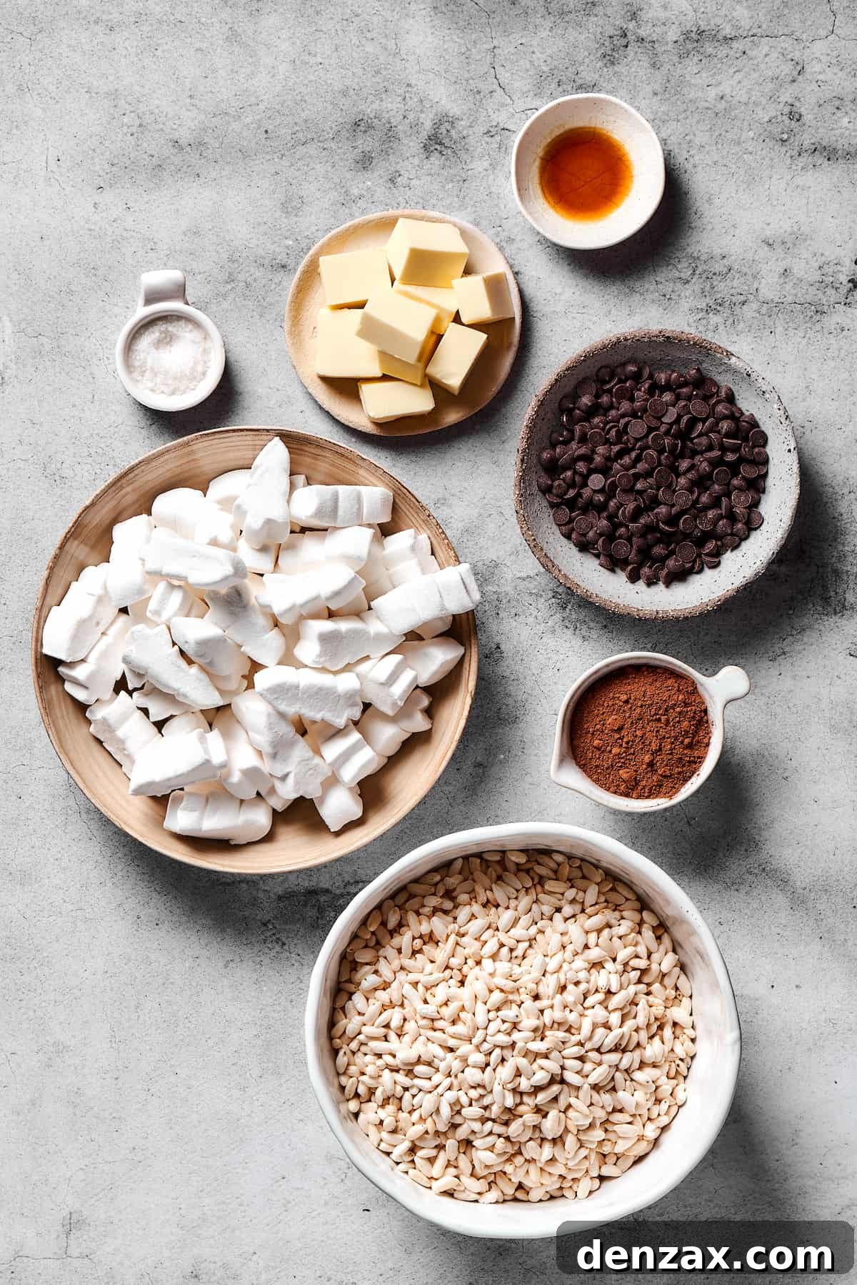From top: Vanilla, chocolate chips, cocoa powder, crispy rice cereal, marshmallows, butter, flaky sea salt.