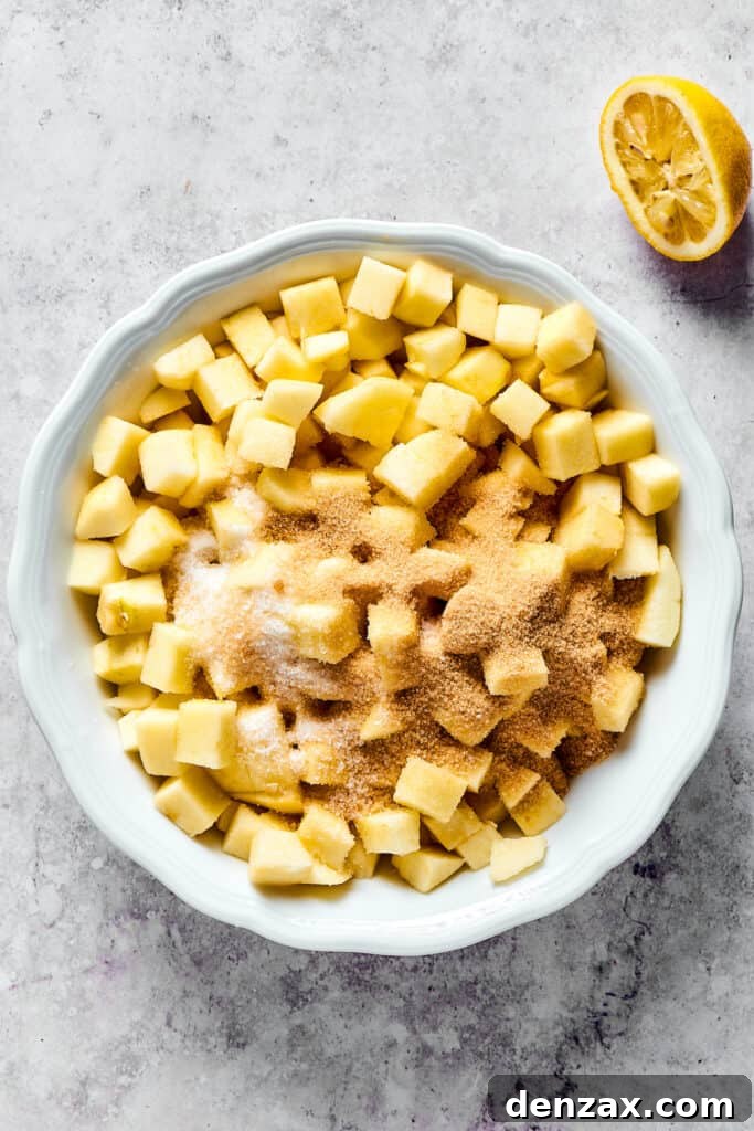 Apple cubes in a dish.