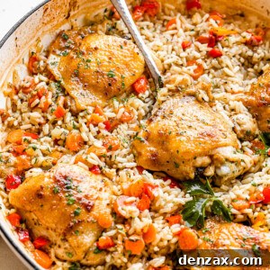 scooping out chicken thighs set on a bed of rice inside a white skillet