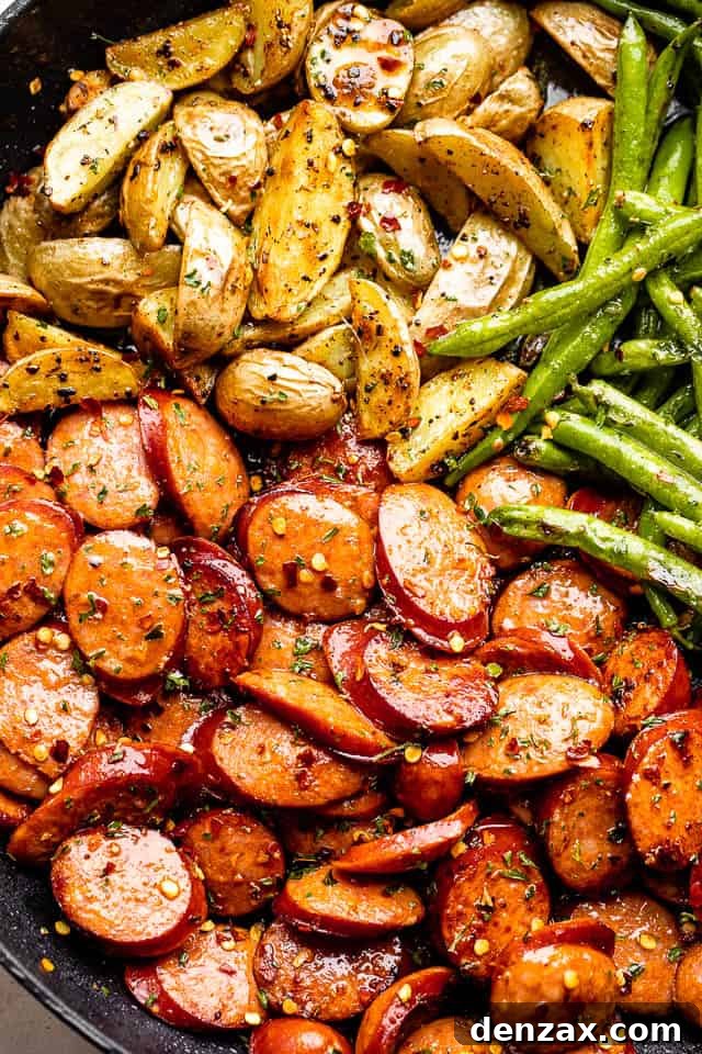 andouille sausages and quartered yukon potatoes topped with pepper flakes