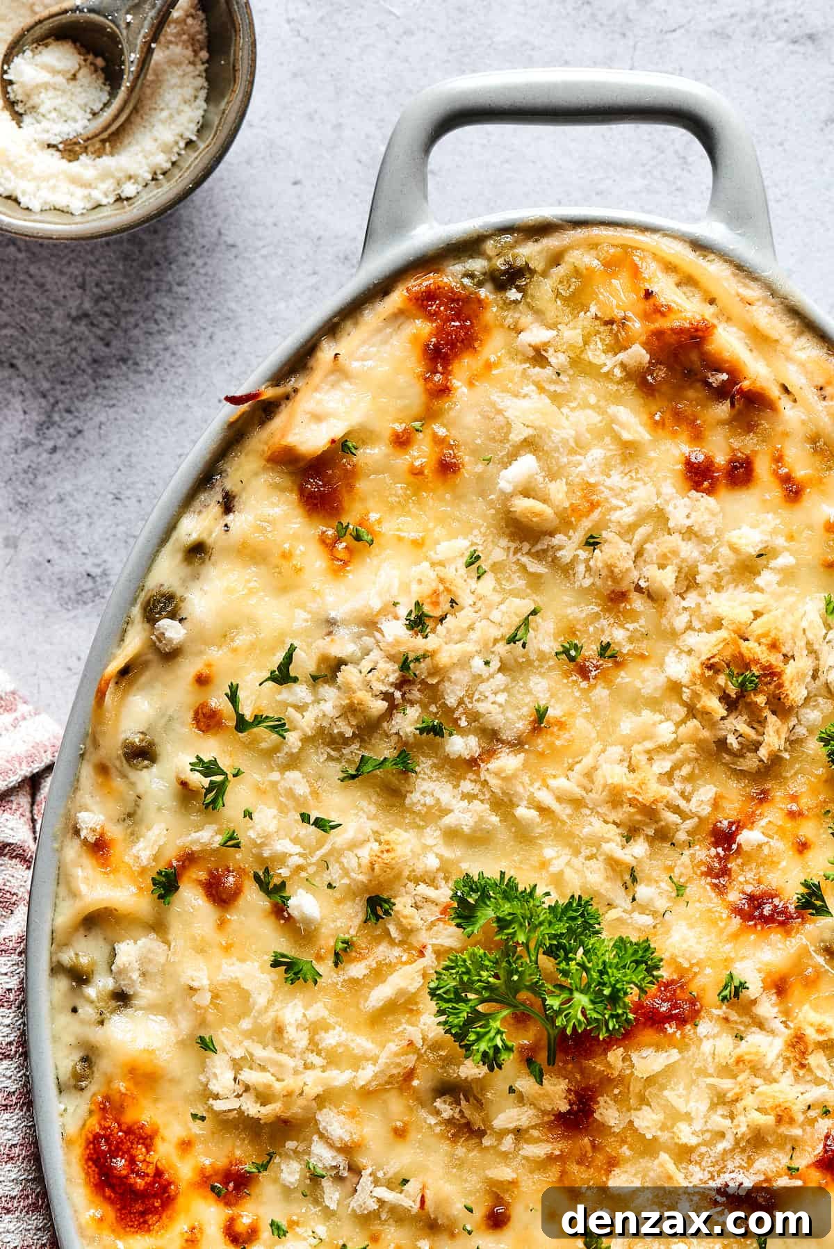 A baked chicken pasta casserole.