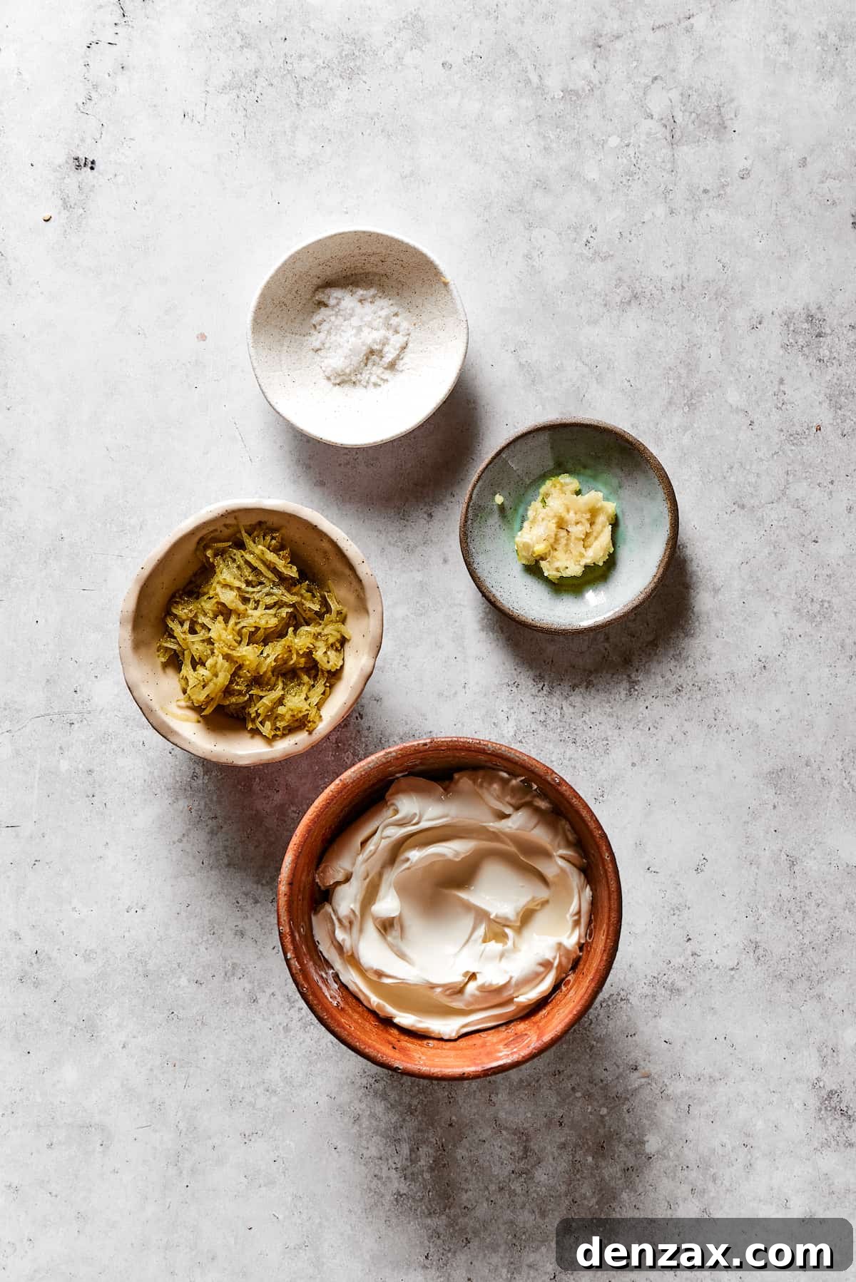 Salt, garlic, cream cheese, chopped pickles.