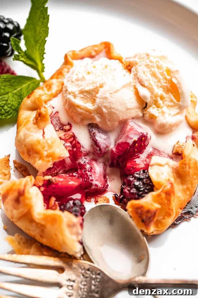 Mini berry galettes are the perfect summer dessert. Fresh berries are baked in a flaky pie crust that’s been dusted with sugar. So good! top view of an ice cream topped mini berry galette with a metal spoon and fork set on the side of it.