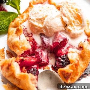 Mini Mixed Berry Galettes: Easy Rustic Fruit Tartlets for Summer 2 top view of an ice cream topped mini berry galette with a metal spoon and fork set on the side of it.