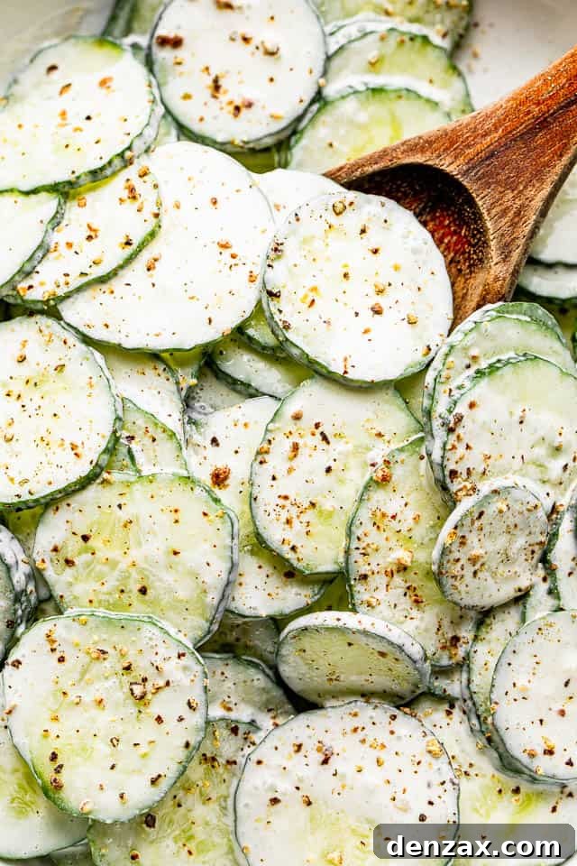 top view close up shot of scooping out cucumbers with a wooden spoon