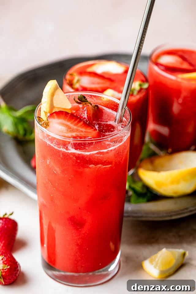 Strawberry Lemonade Sangria Recipe — Refreshing Summer Cocktail 2 strawberry lemonade sangria in a tall glass and topped with strawberries and lemons