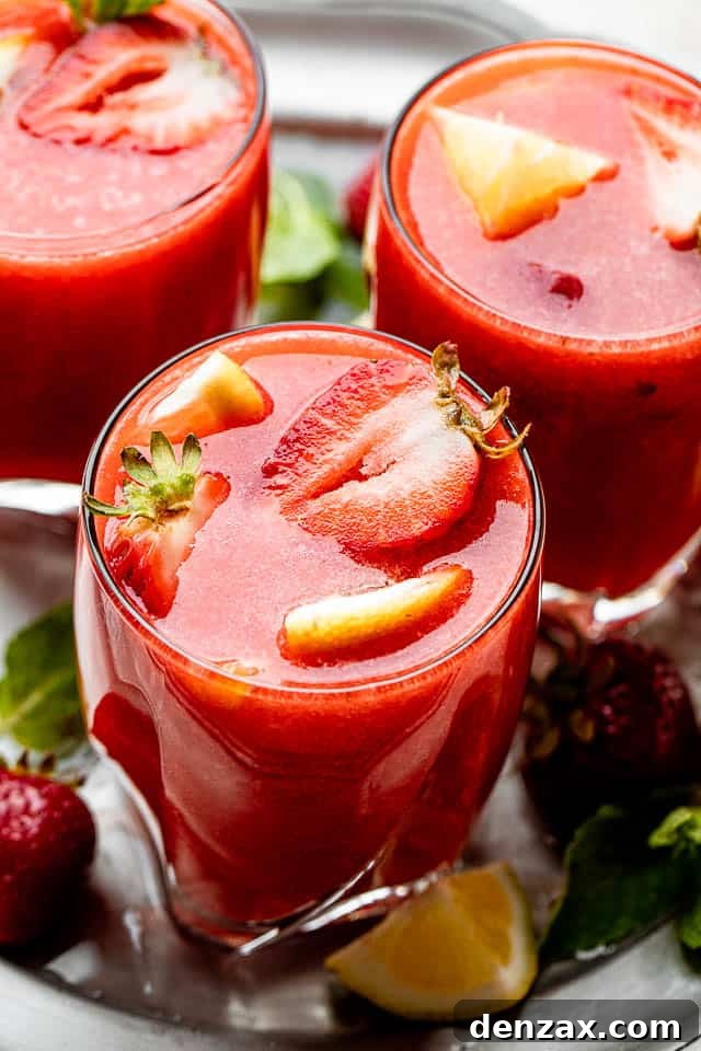 Strawberry Lemonade Sangria Recipe — Refreshing Summer Cocktail 5 strawberry sangria in short drinking glasses topped with strawberry slices and lemons