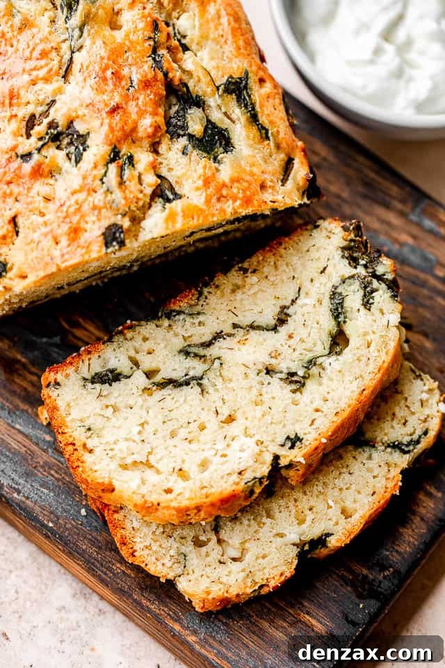 Spinach and Feta Savory No-Yeast Bread Recipe 2 top view of spinach and feta bread slices