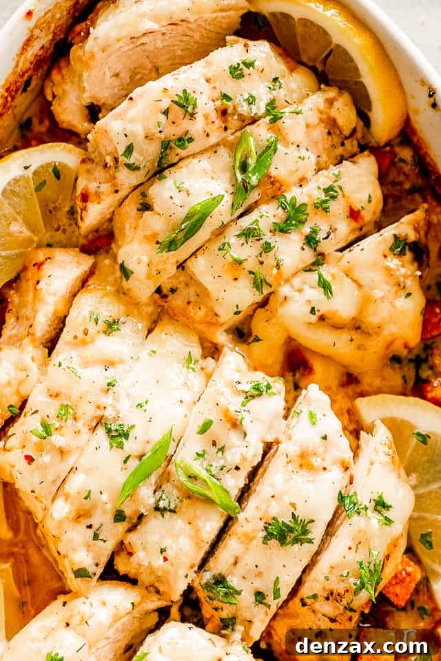 Oven-Baked Caesar Chicken with Crispy Parmesan Crust 2 close up shot of sliced baked chicken breasts topped with caesar dressing and parsley