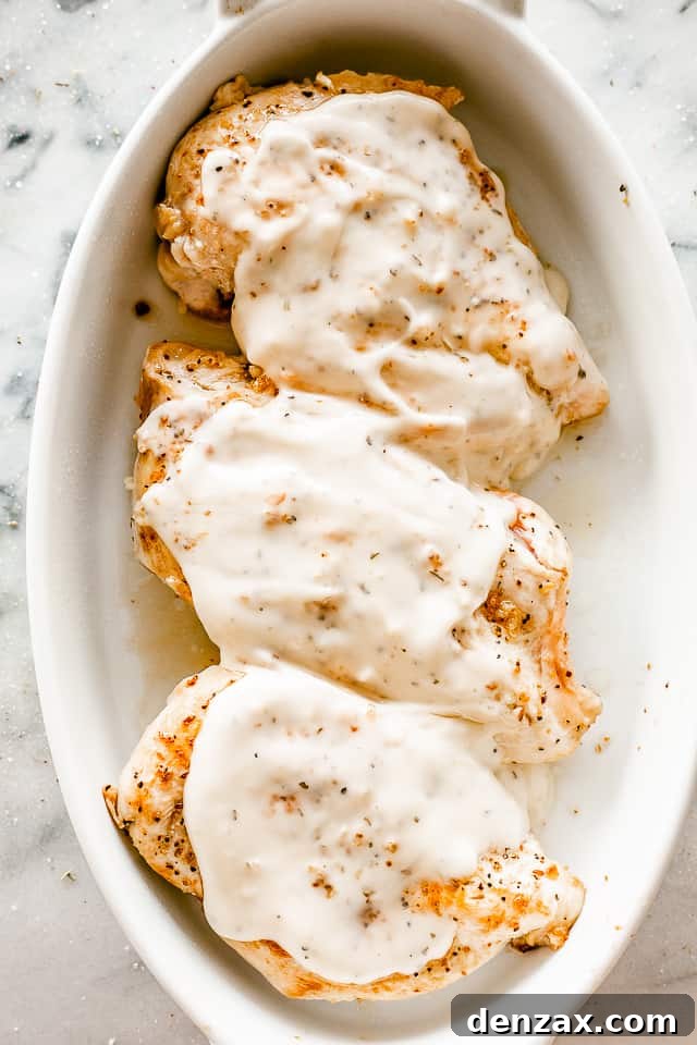 Oven-Baked Caesar Chicken with Crispy Parmesan Crust 4 browned chicken breasts in a white baking dish topped with caesar dressing