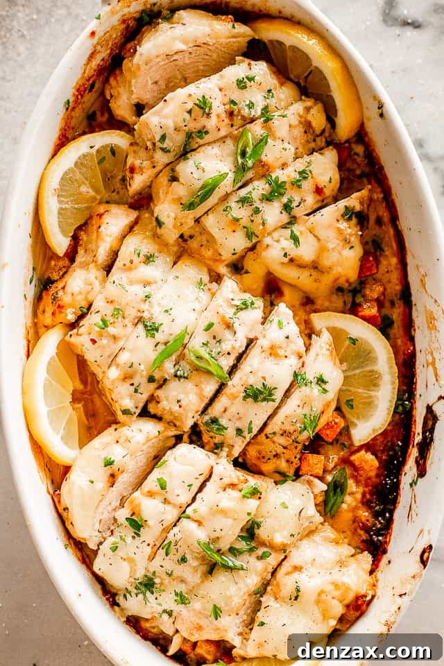 Oven-Baked Caesar Chicken with Crispy Parmesan Crust 5 sliced caesar chicken breasts set in a white baking dish surrounded with lemon slices
