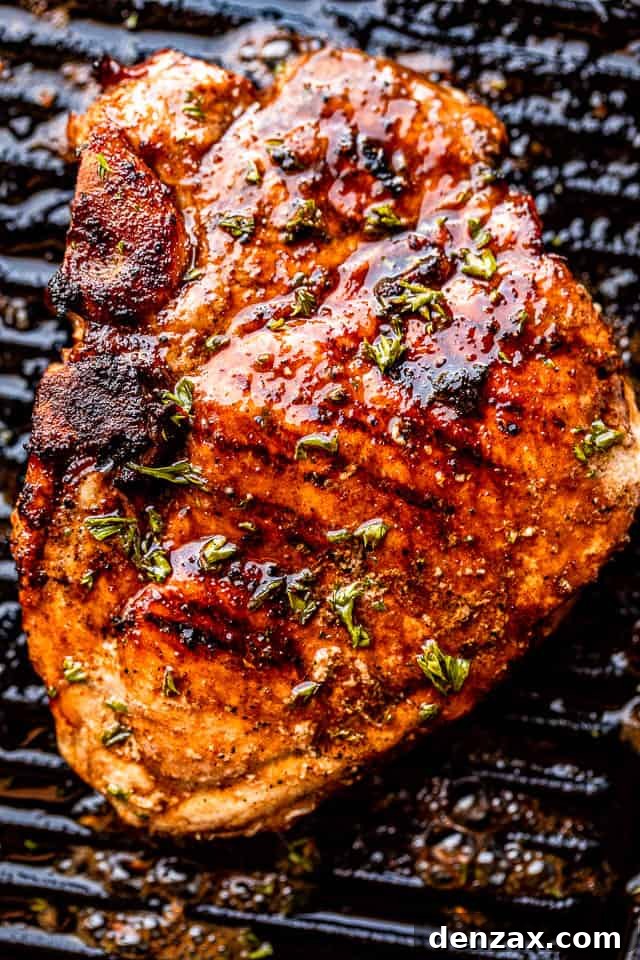 grilled pork chop set against black grill grates