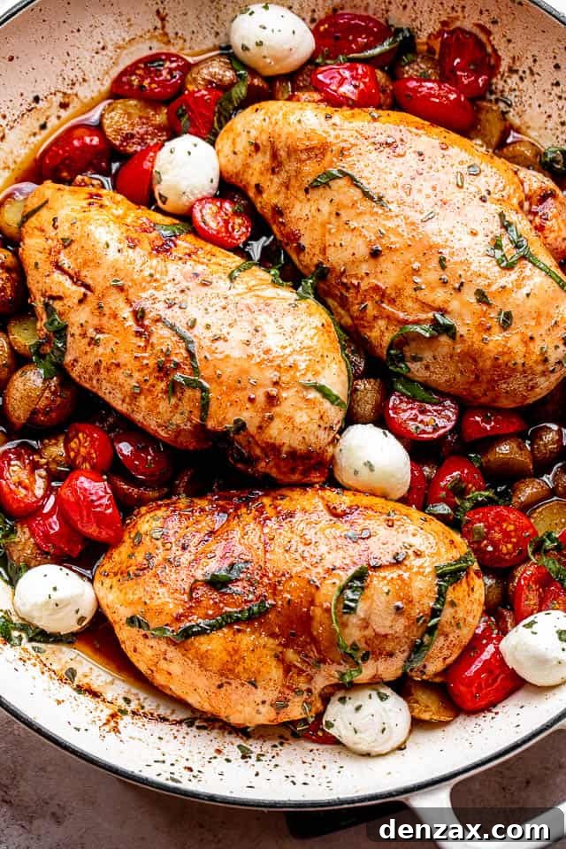 Balsamic Sheet-Pan Chicken and Potatoes Recipe 3 chicken breasts brushed with balsamic vinegar and set next to cherry tomatoes, mozzarella cheese balls, and garnish of basil