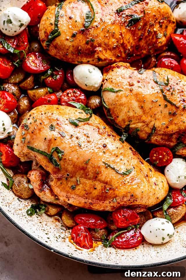 Balsamic Sheet-Pan Chicken and Potatoes Recipe 6 top close up shot of chicken breasts brushed with balsamic vinegar and set next to cherry tomatoes, mozzarella cheese balls, and garnish of basil