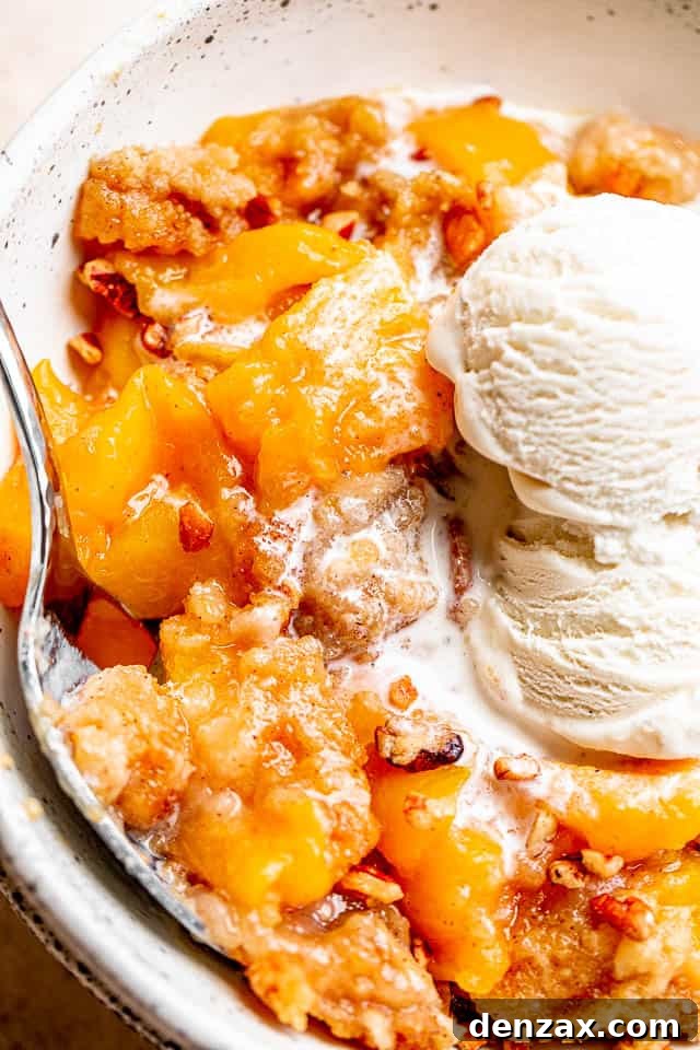 Homemade Peach Dump Cake Recipe — Simple From-Scratch Dessert 5 Side shot of a bowl with peaches and cake and vanilla ice cream.
