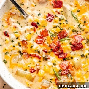 Instant Pot Corn Chowder: Creamy One-Pot Recipe in 30 Minutes 6 silver spoon inside corn chowder soup in a bowl topped with bacon, green onions, and parsley