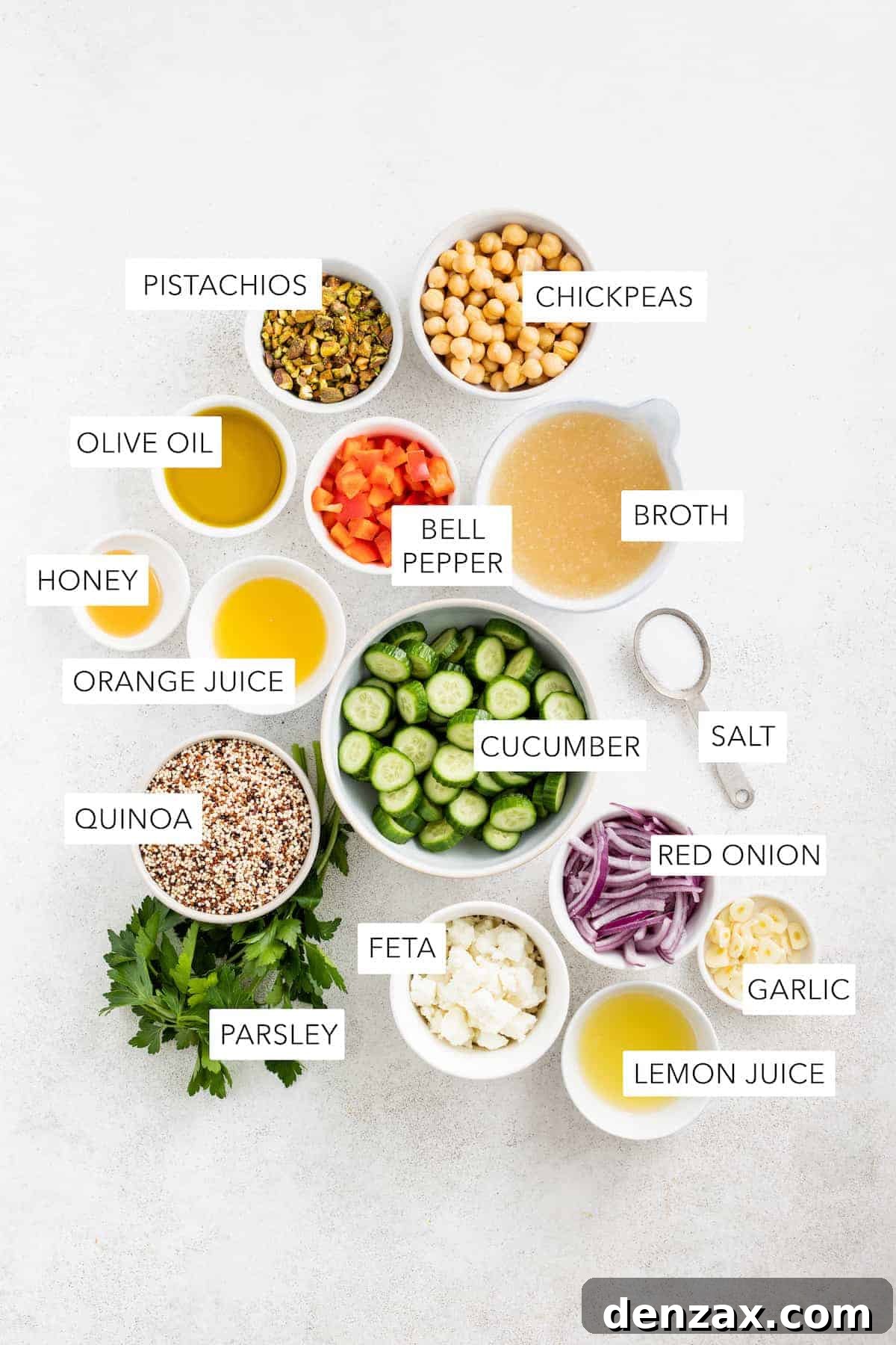 Drizzled with homemade dressing, this Jennifer Aniston quinoa salad with crunchy chickpeas is super light and refreshing. Ingredients for Jennifer Aniston quinoa salad.