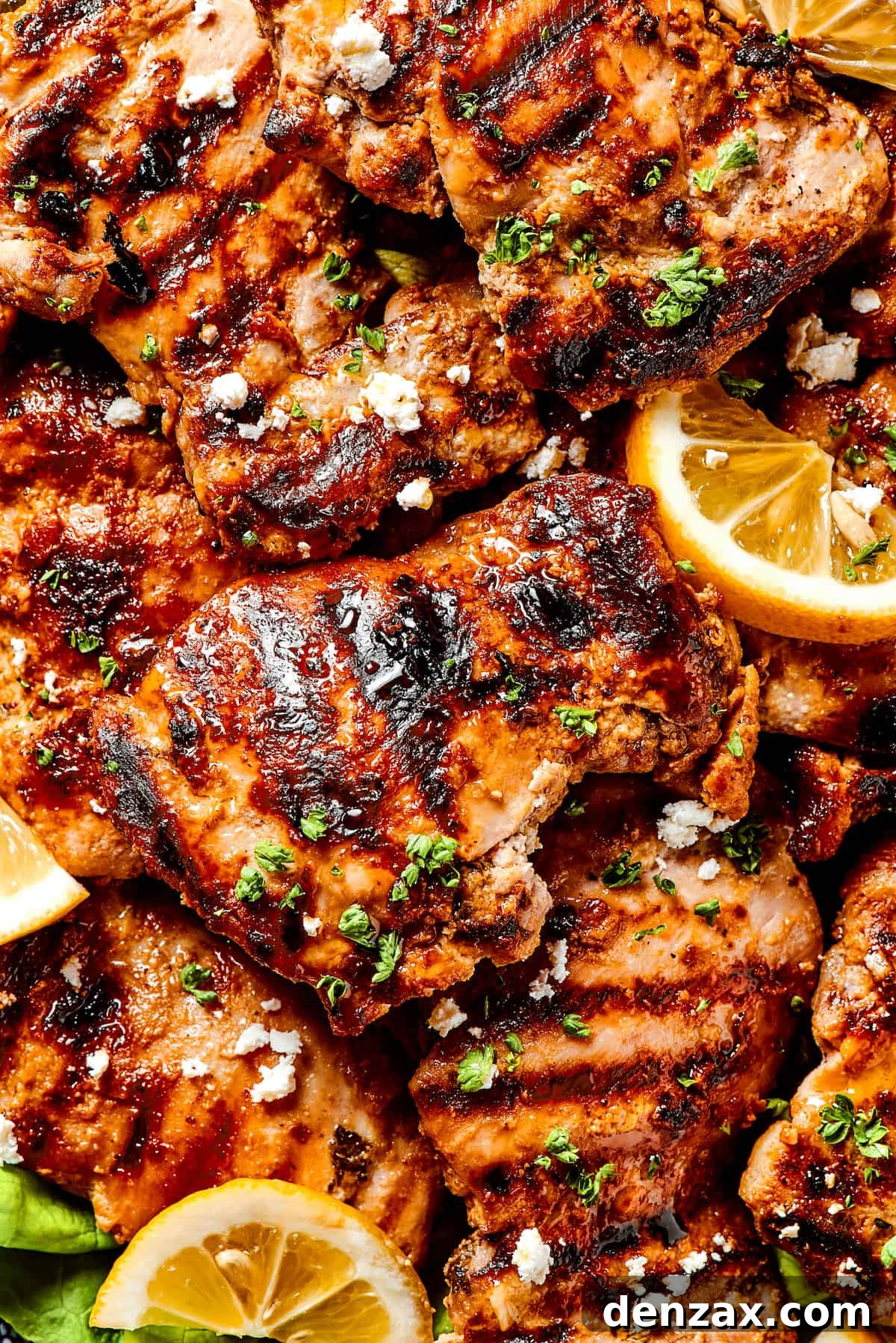Yogurt marinated chicken grilled and topped with feta cheese.