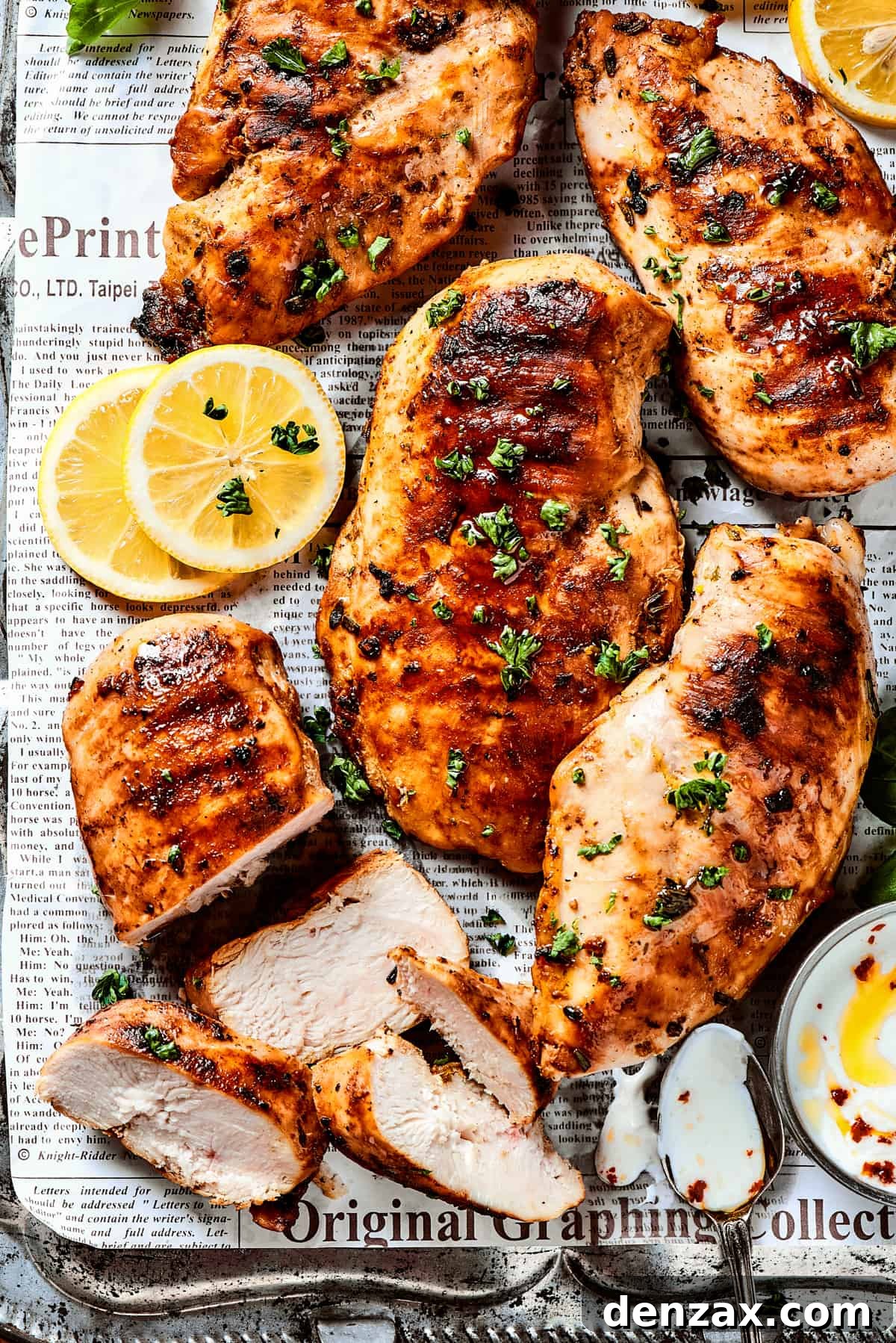 A sheet pan of lemon chicken with fresh herbs and lemon slices.