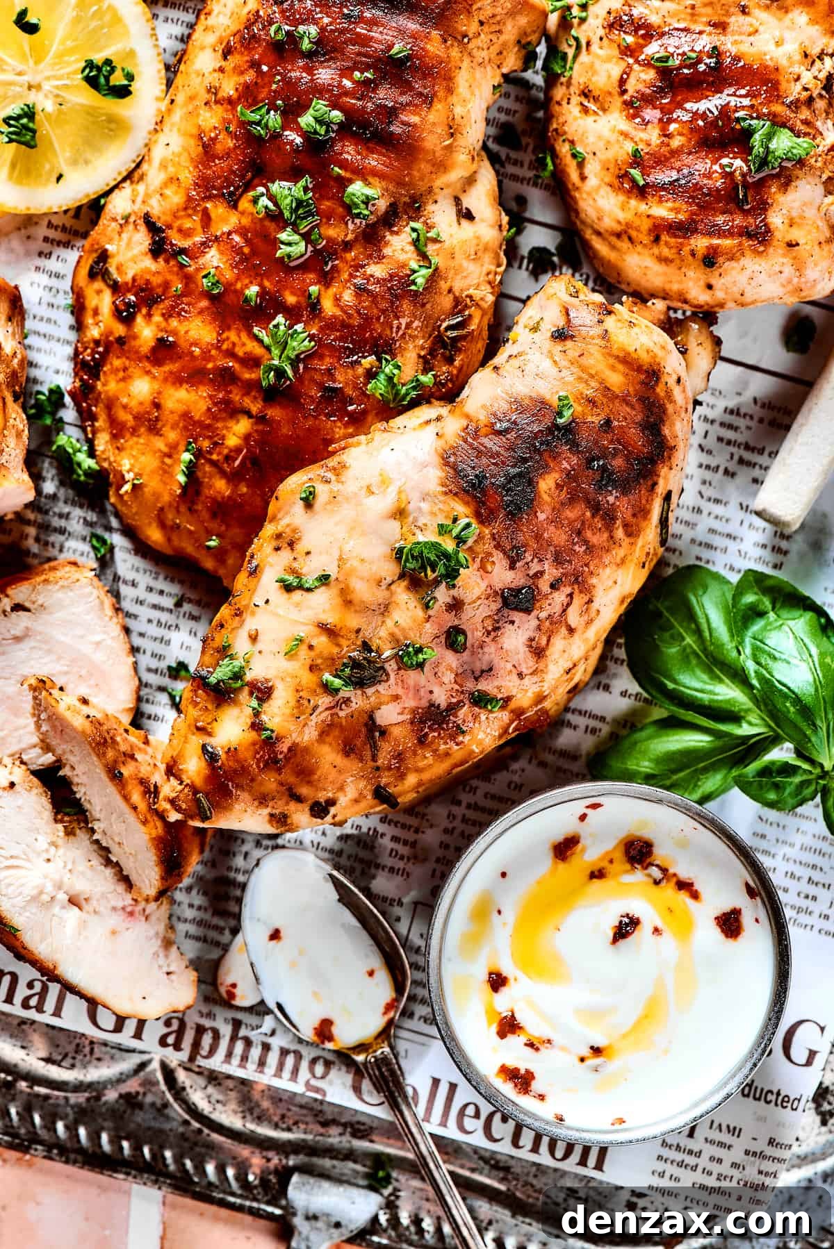 Grilled lemon chicken sprinkled with herbs, next to a yogurt dip.