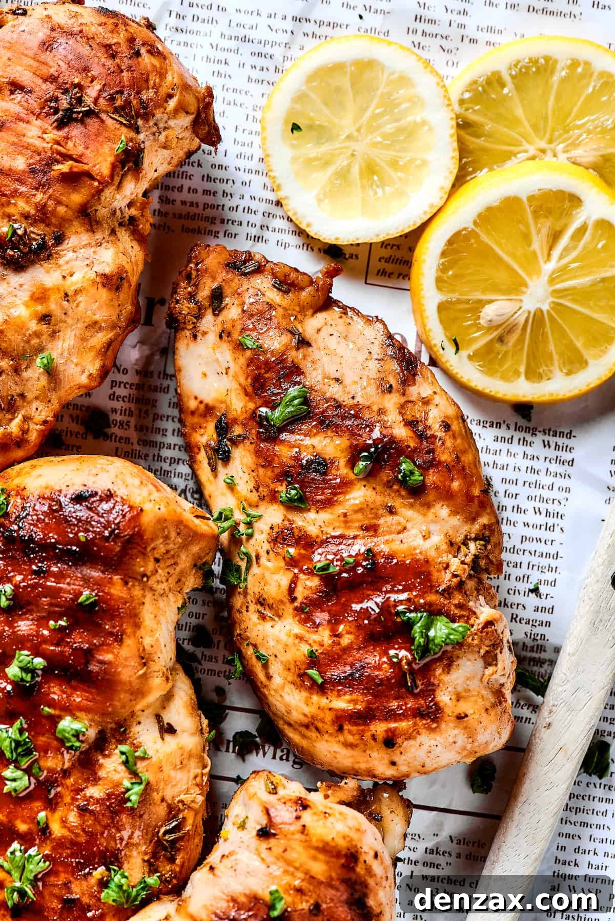 Close-up shot of grilled chicken breast.