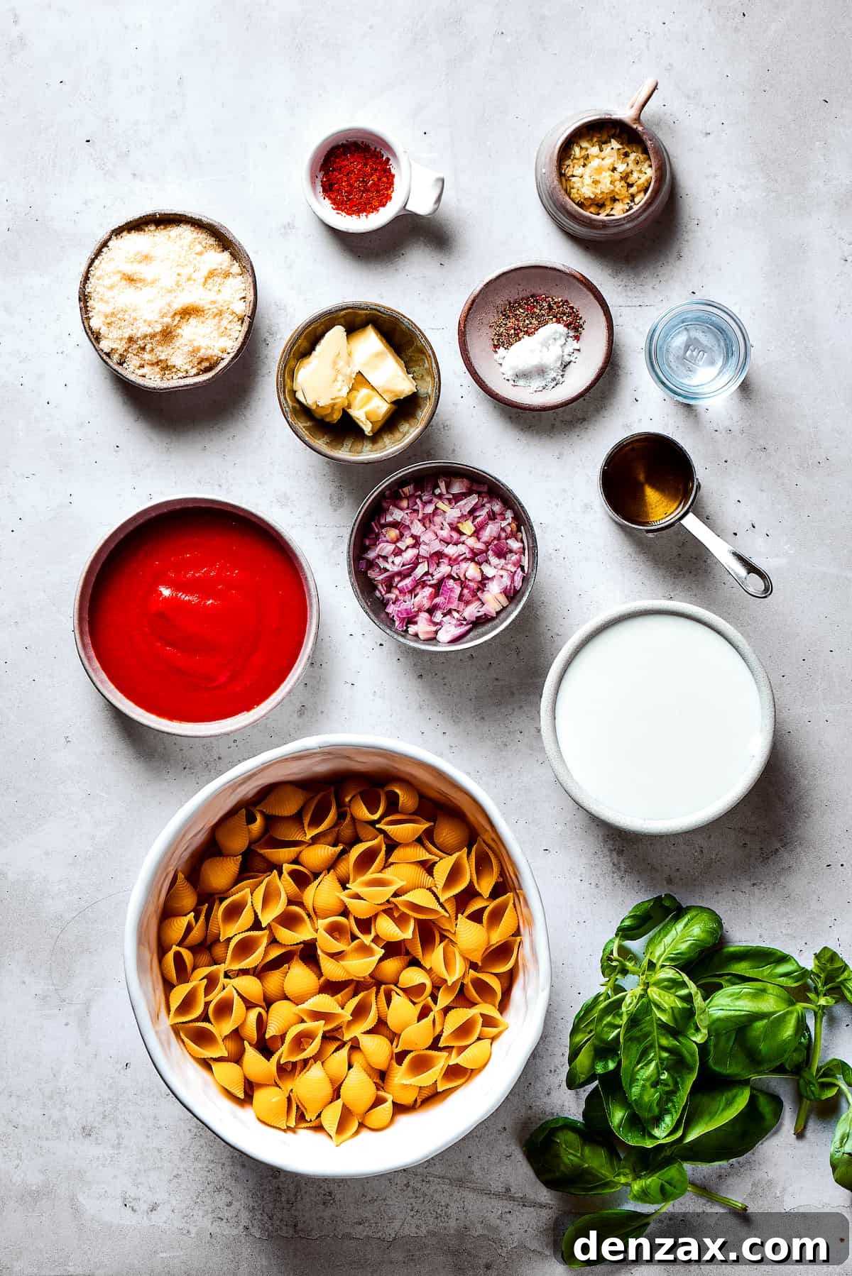 Gigi Hadid pasta ingredients measured and arranged on a work surface.
