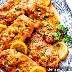 Homemade lemon chicken recipe arranged on a platter with parsley and lemon slices.