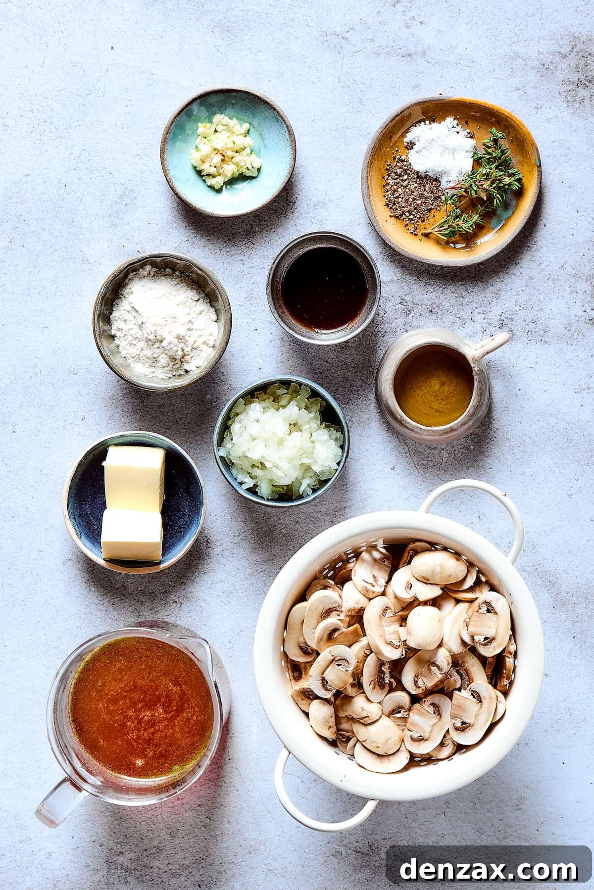 Gravy ingredients measured and arranged on a clean work surface.