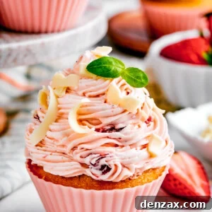A strawberry cupcake in a pink cupcake liner with a tiny sprig of mint on top. More cupcakes are visible in the background of the shot.