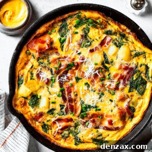 overhead shot of a fully-cooked frittata in a cast-iron skillet.