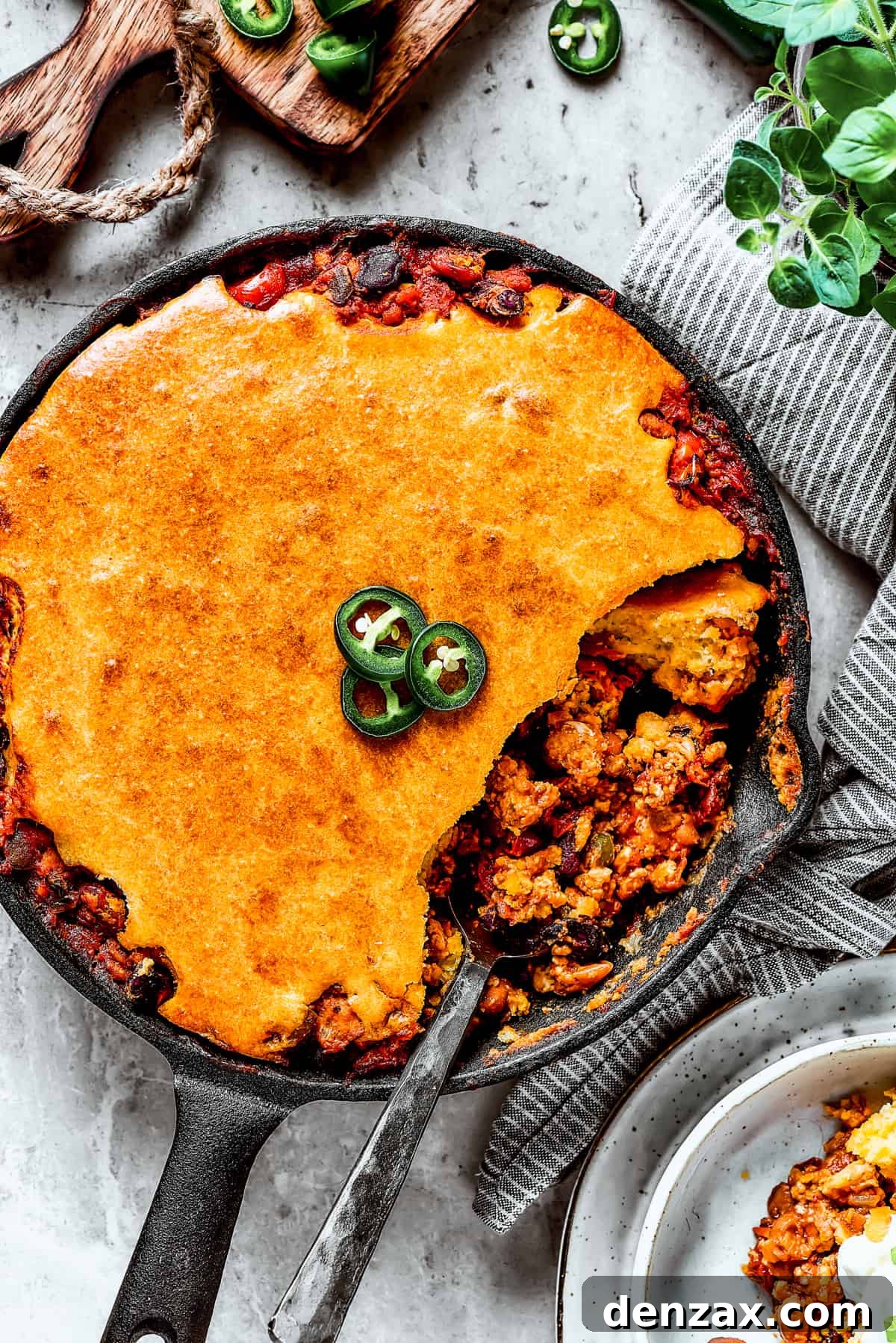 Overhead shot of a cast iron skillet with homemade Chili cornbread casserole and a serving removed with a spoon.