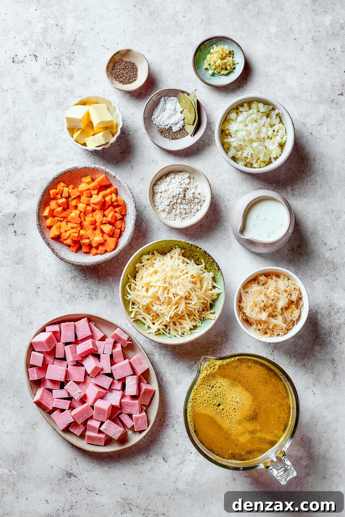 Ingredients for Reuben soup measured and arranged on a table.