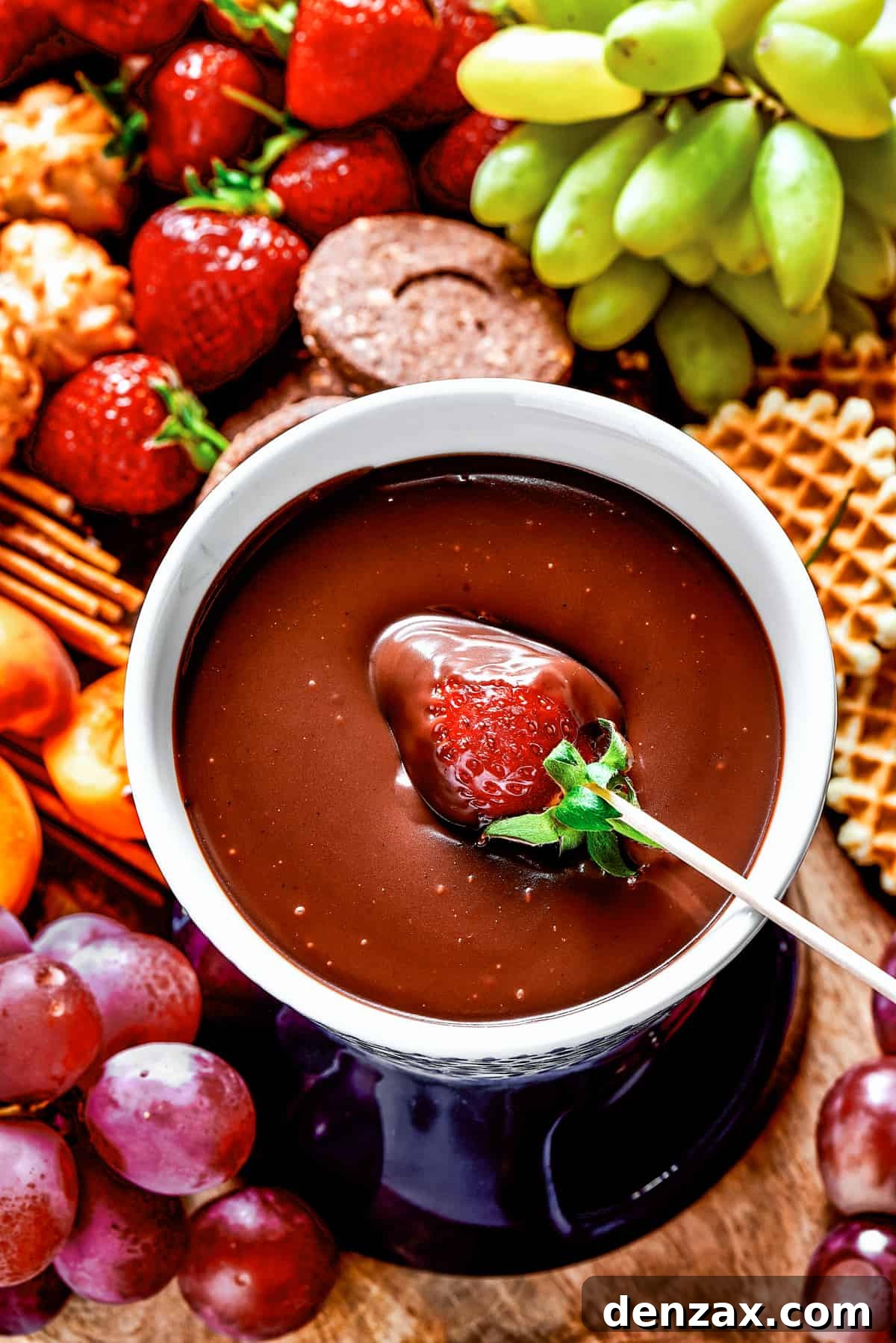 Dipping a strawberry in chocolate fondue.