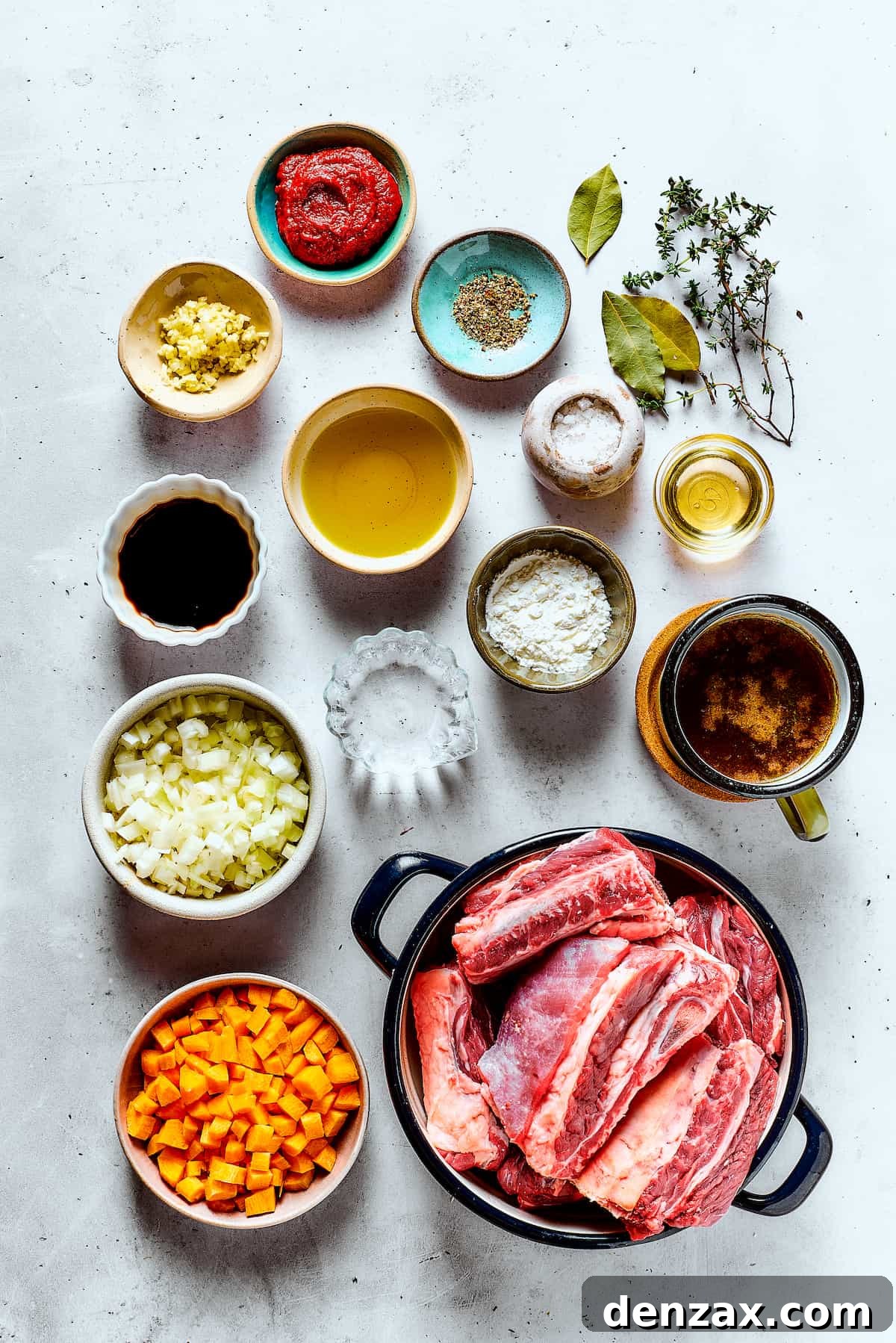 Ingredients for instant pot short ribs, measured and arranged on a table.