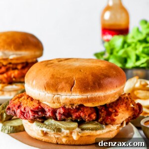 A chicken sandwich on a soft bun with salad and pickles, and a hot sauce bottle set behind the sandwich.