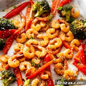 Overhead shot of Sheet Pan Teriyaki Shrimp Stir Fry.