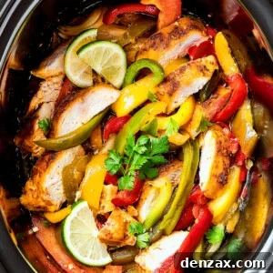 Crockpot chicken fajitas in a slow cooker insert.