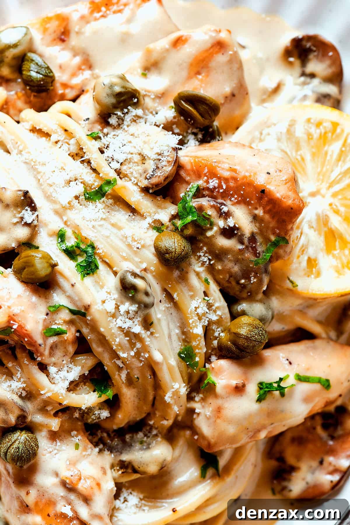 Close-up shot of creamy pasta with capers, lemon, and chicken piccata.
