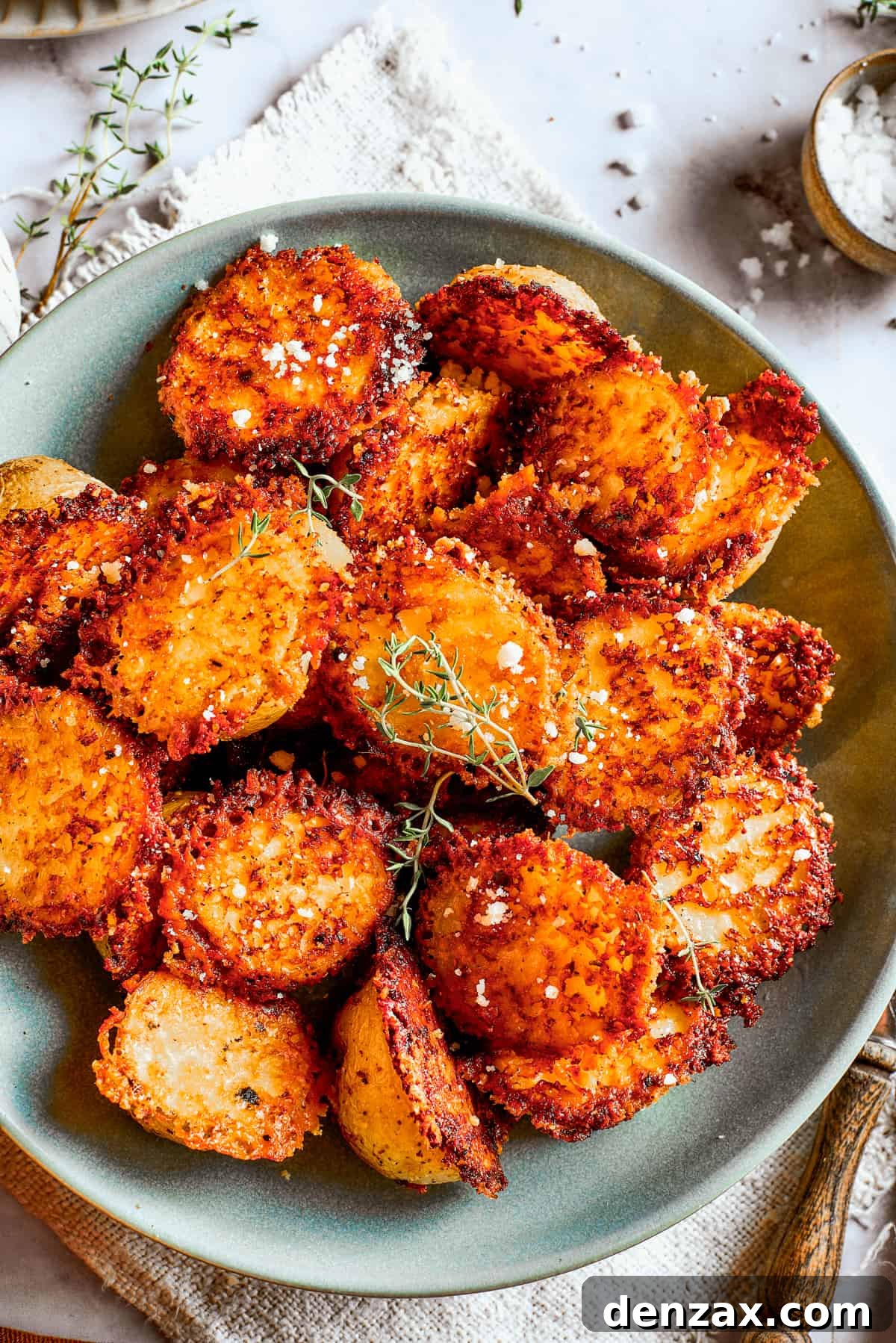 These tender potatoes with a crunchy, cheesy crust are the easiest, tastiest side dish you'll ever make. A viral TikTok recipe you'll love! Overhead image of parmesan-crusted potatoes in a bowl.