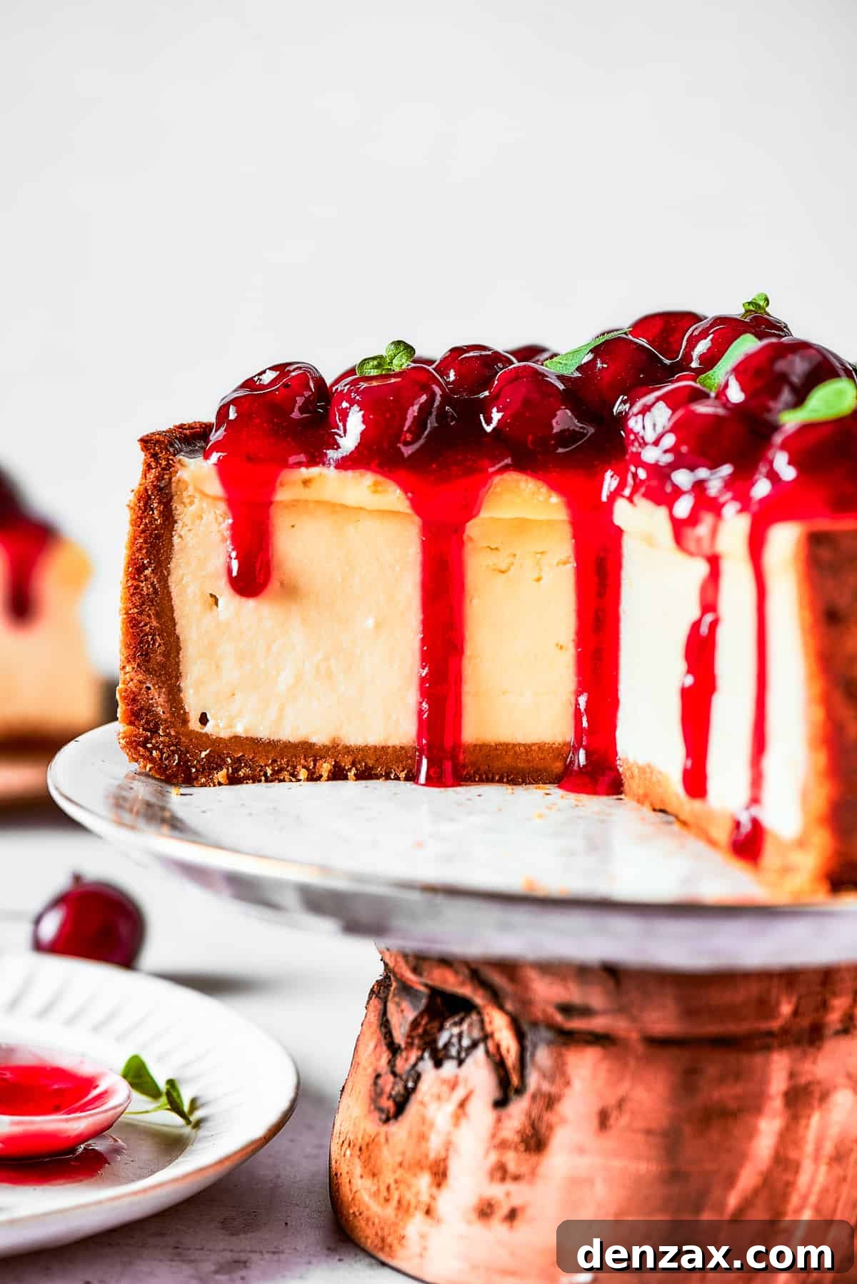 Cherry cheesecake on a cake stand.