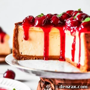 Cherry cheesecake on a cake stand.