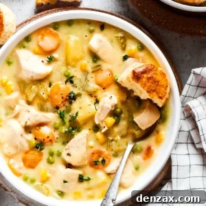 Overhead view of a bowl of chicken pot pie soup garnished with thyme, next to some biscuits.