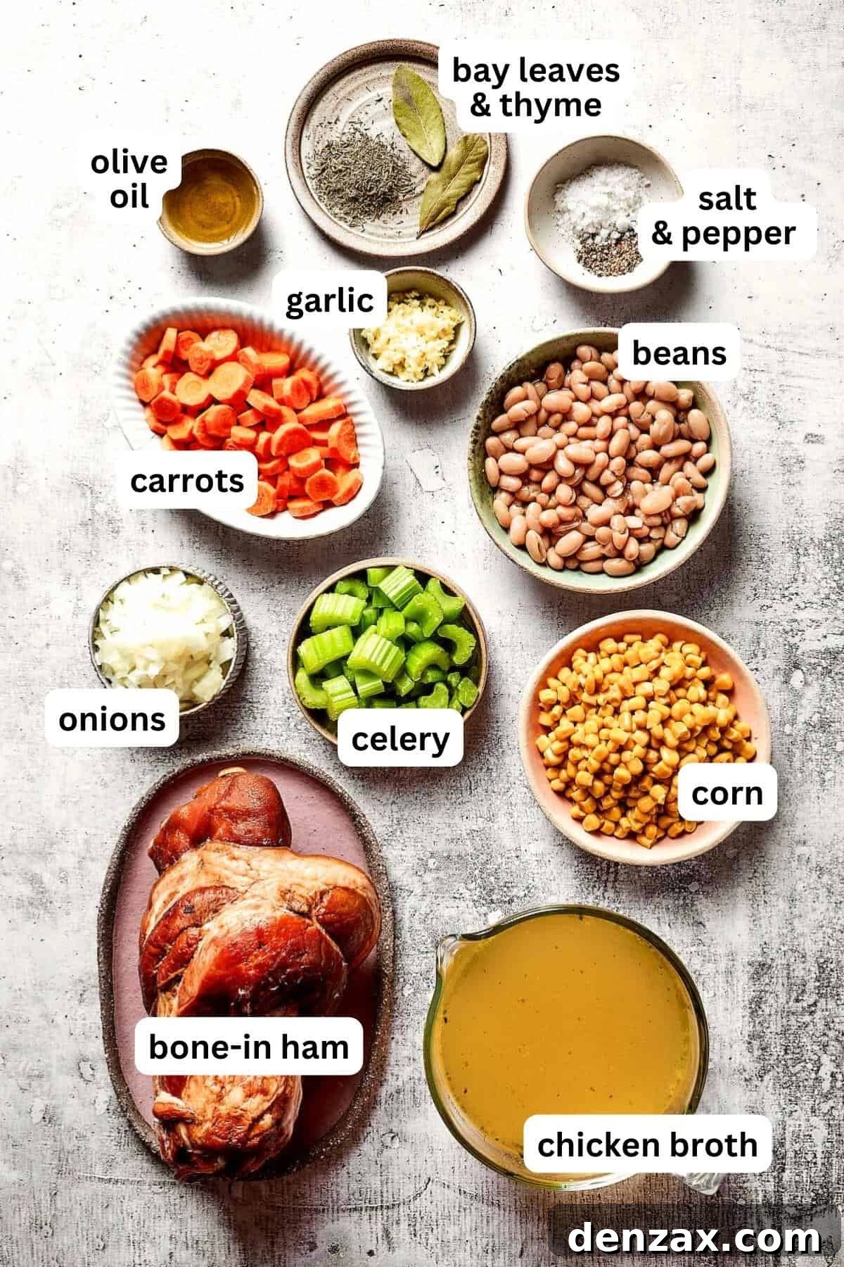Overhead image of the ingredients for ham bone soup.