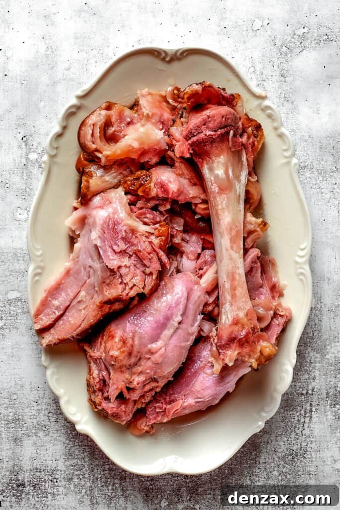 Overhead view of a ham bone on a platter.