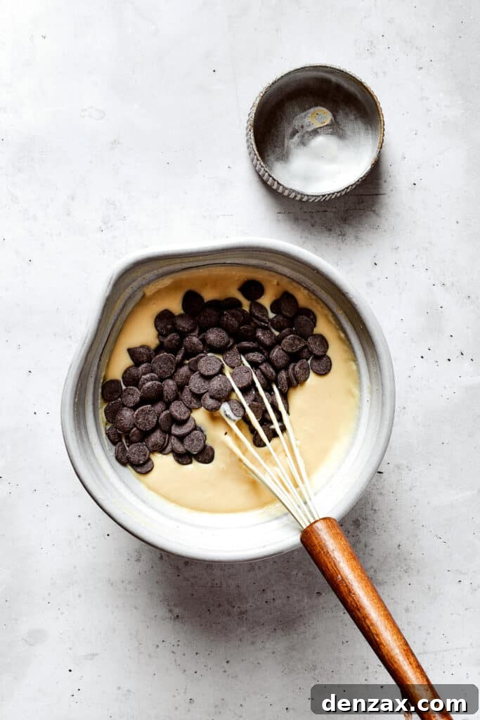 Chocolate chips on top of pancake batter in a bowl.